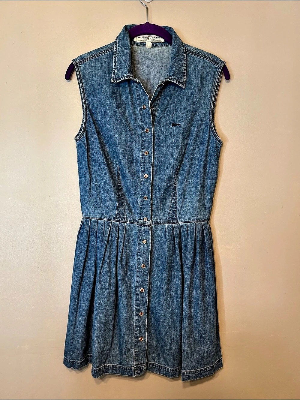 Vintage 90s Y2K Guess Jeans Denim Sleeveless Mini Dress Pleated Button Front 9